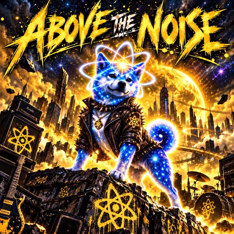 Above The Noise artwork — the starlight Quantum Inu pup in a spiked leather jacket standing over a golden city