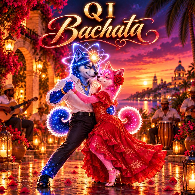 Bajo El Mismo Cielo artwork — the starlight Quantum Inu dancing bachata with a pink starlight partner in a red dress at sunset beneath the words QI Bachata