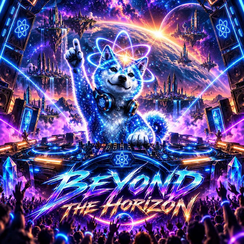 Beyond The Horizon artwork — the starlight Quantum Inu DJing at glowing turntables before a cosmic crowd, floating island cities and a ringed planet on the horizon beneath the words BEYOND THE HORIZON