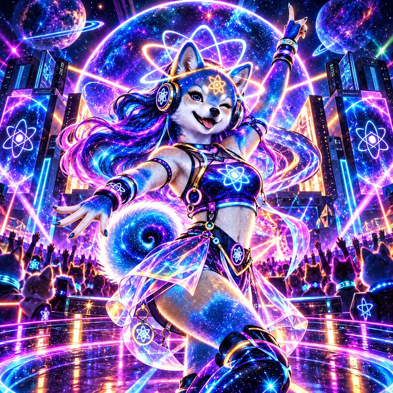 Beyond The Moment artwork — a cosmic starlight fox DJ with atom-marked headphones winking over a neon city crowd under ringed planets