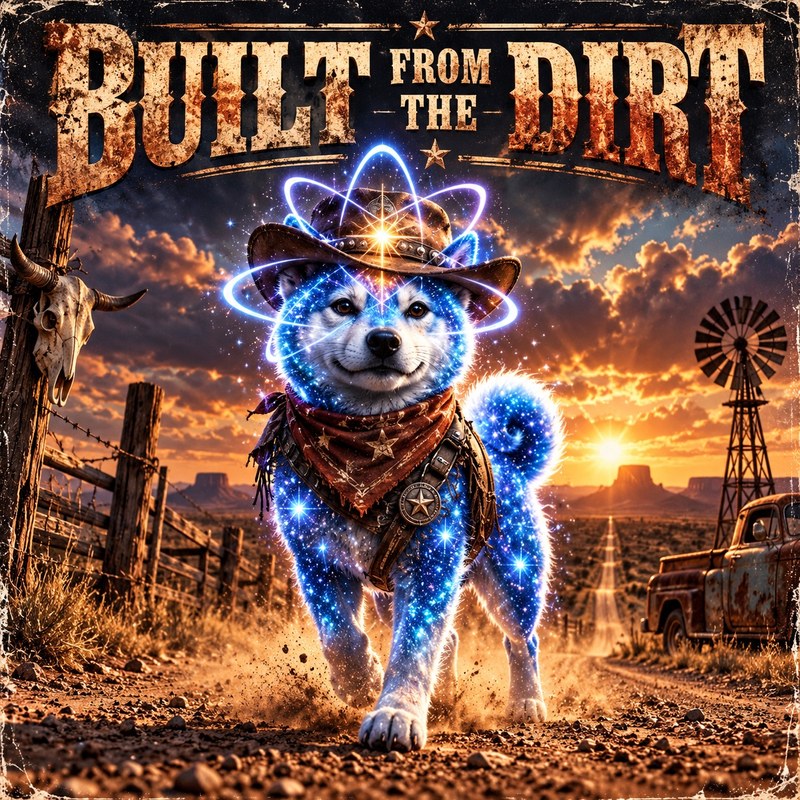 Built From The Dirt artwork — the starlight Quantum Inu as a cowboy sheriff in a hat and bandana walking a dusty desert road at sunset beneath the words Built From The Dirt