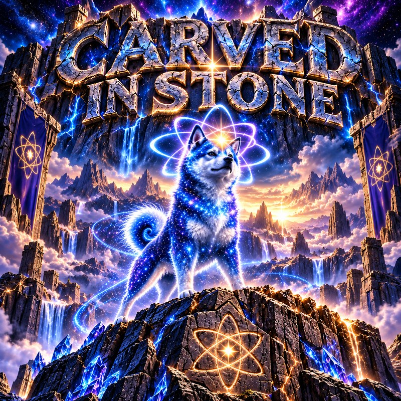Carved In Stone artwork — the cosmic starlight Quantum Inu standing on a rocky peak beneath the title carved into a glowing mountain, atom banners flying on either side
