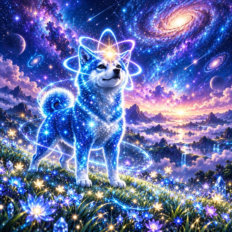 Dancing Through The Blue artwork — the starlight Quantum Inu standing in a sparkling flower meadow beneath a swirling galaxy sky