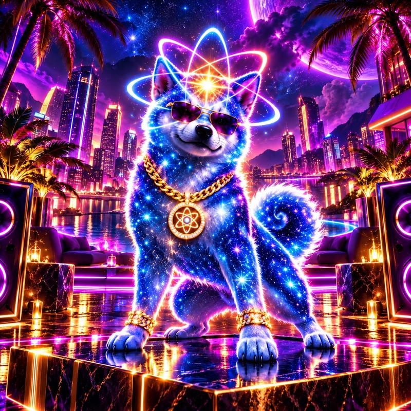 Diamond Paws artwork — the Quantum Inu pup in sunglasses and a gold atom chain with diamond-encrusted paws, standing on a marble platform in a Miami penthouse at night