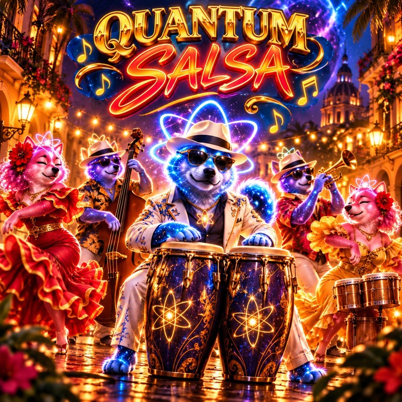Energia Quantica artwork — Quantum Inu salsa band on a Havana street at night: the pup on congas in a white embroidered suit, fedora and sunglasses, dancers in red and yellow ruffles, bass, trumpet and timbales under a glowing QUANTUM SALSA sign