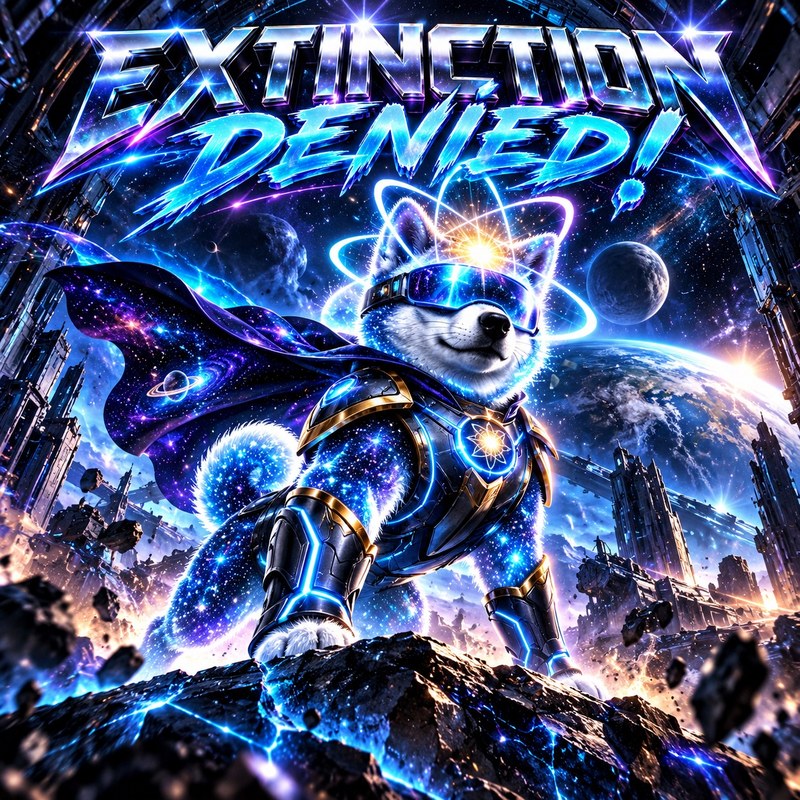 Extinction Denied! artwork — the starlight Quantum Inu pup in gold-trimmed space armor and a glowing visor, cape flowing, standing tall over a shattered battlefield beneath the chrome and ice-blue words Extinction Denied!