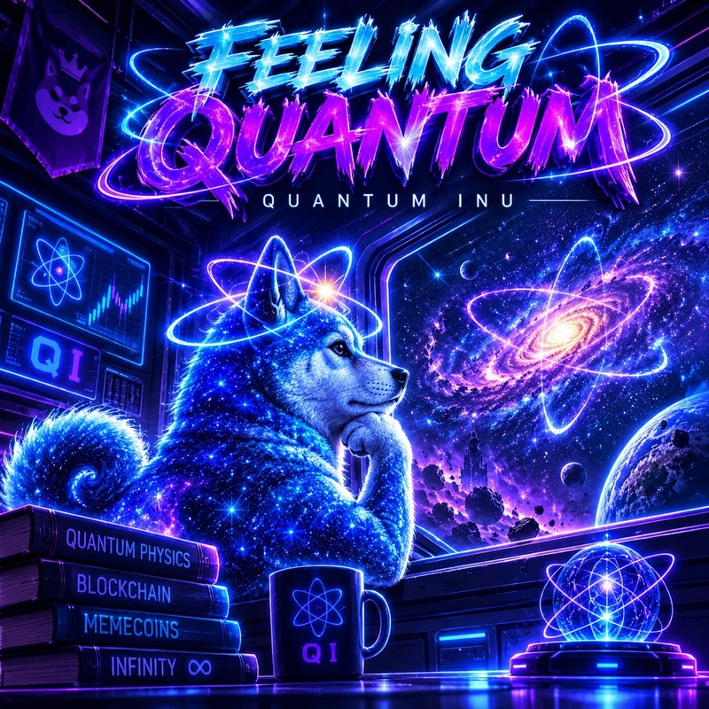 Feeling Quantum artwork — the starlight Quantum Inu in a thoughtful pose at a spaceship desk with quantum physics books and a QI mug, gazing at a spiral galaxy through the viewport