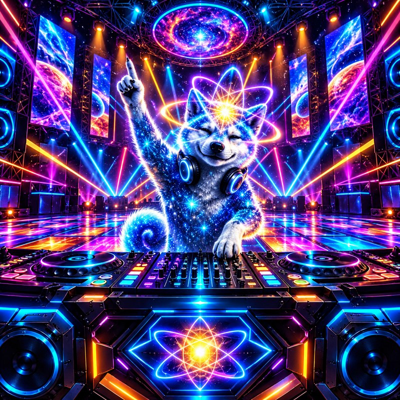 Forever United artwork — the starlight Quantum Inu DJing a cosmic neon rave, one paw raised, headphones on, glowing atom over the turntables