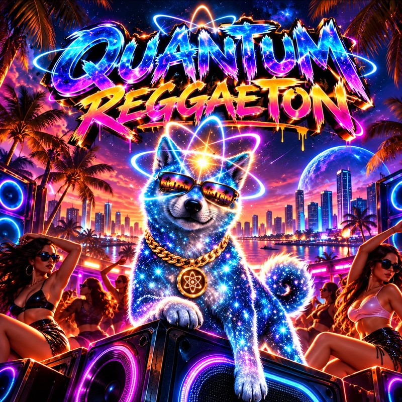 Fuego Cuantico artwork — Quantum Inu in sunglasses and a gold chain standing on giant speakers at a neon beach party under a QUANTUM REGGAETON sign