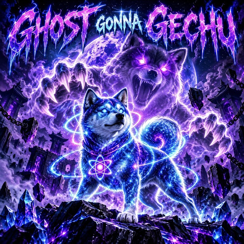 Ghost Gonna Gechu artwork — the starlight Quantum Inu standing defiant on crystal rocks while a giant spectral purple wolf with glowing eyes and claws looms behind him under a full moon