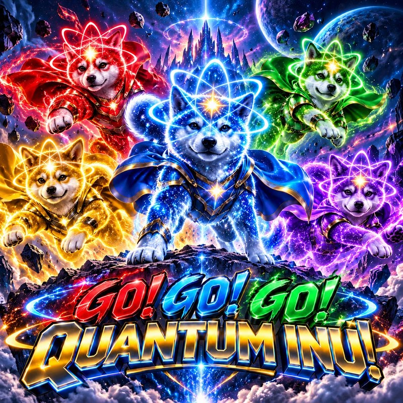 Go! Go! Go! Quantum Inu! artwork — five superhero Quantum Inu pups in red, blue, green, gold and purple capes charging through a cosmic asteroid field beneath the words Go! Go! Go! Quantum Inu!