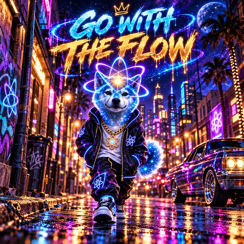 Go With The Flow artwork — the starlight Quantum Inu pup in a glowing neon city