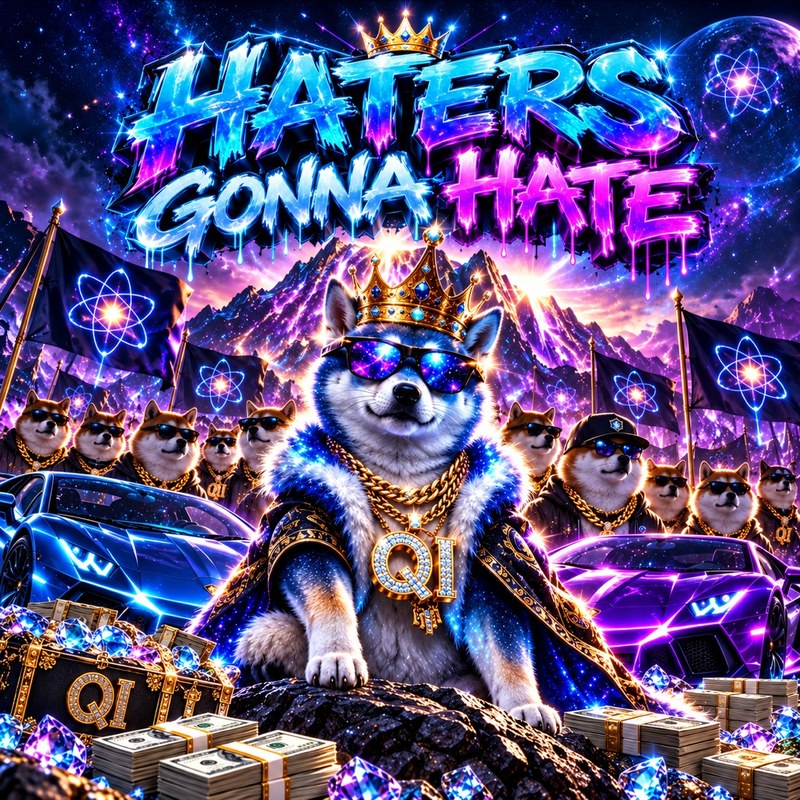 Haters Gonna Hate artwork — the crowned Quantum Inu king in galaxy sunglasses and gold QI chains, posted up with his pack, sports cars and atom flags under a cosmic mountain sky