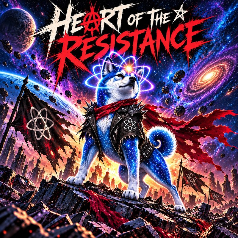 Heart Of The Resistance artwork — the starlight Quantum Inu in a spiked punk vest and torn red cape standing tall on rubble before a cosmic sky, black atom flags flying, beneath the words Heart of the Resistance