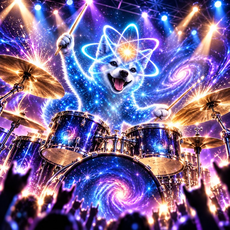 Higher Than The Stars artwork — the starlight Quantum Inu playing a galaxy drum kit live on stage beneath swirling galaxies and bright spotlights, a cheering crowd below