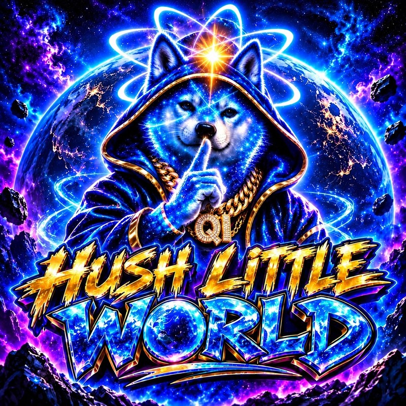 Hush Little World artwork — the starlight Quantum Inu pup in a hooded robe wearing a gold QI chain, one paw raised to his lips in a hush, a glowing planet and cosmic asteroids behind him, above the words Hush Little World