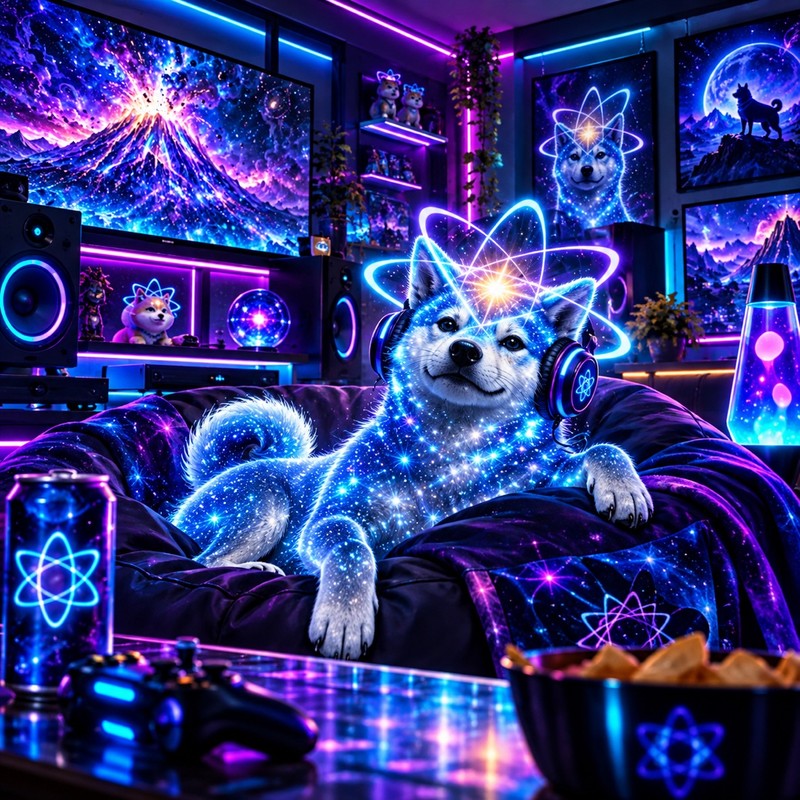 I Know What I Hold artwork — the starlight Quantum Inu pup wearing glowing headphones, lounging on a couch in a neon game room with galaxy posters, a lava lamp, a game controller and snacks nearby