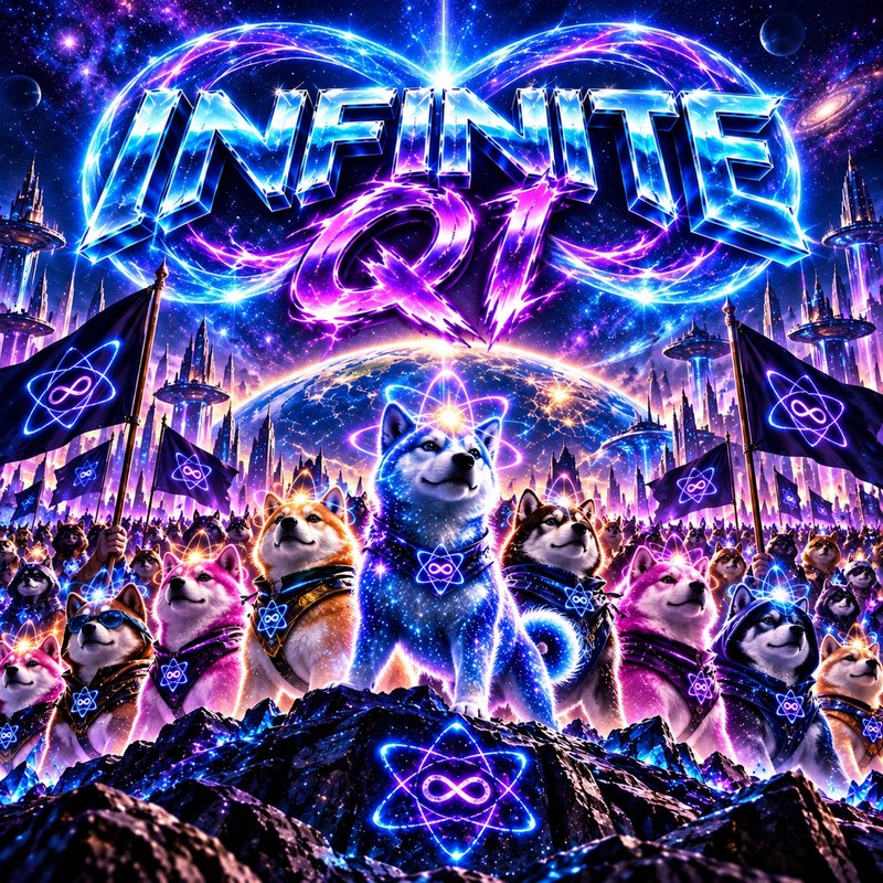 Infinite QI artwork — the Quantum Inu pack standing on a rocky peak before a glowing Earth and a cosmic city skyline, under a giant INFINITE QI infinity emblem, black flags bearing the atom-infinity symbol