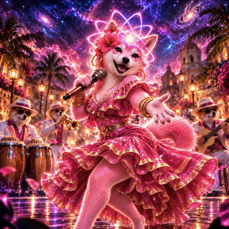 La Familia QI artwork — the Quantum Inu singer in a sparkling pink merengue dress holding a microphone, dancing in front of her pup band under a cosmic tropical night sky