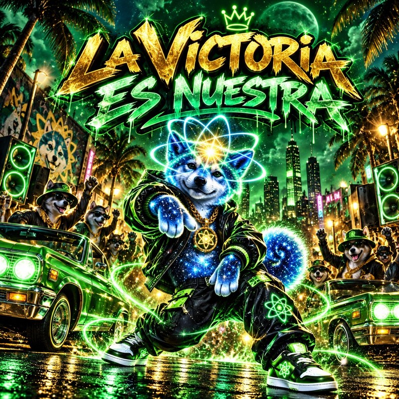 La Victoria Es Nuestra artwork — the starlight Quantum Inu pup in street gear pointing at the viewer in a neon-green city celebration, gold chain with an atom pendant, the pack cheering around lowriders beneath the gold and green graffiti words La Victoria Es Nuestra