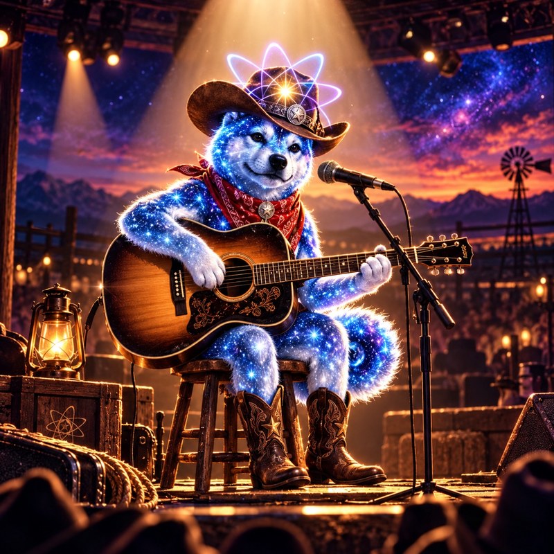 More Than A Name artwork — Quantum Inu in a cowboy hat, bandana and boots playing an acoustic guitar on a country stage at sunset, mountains and a windmill behind