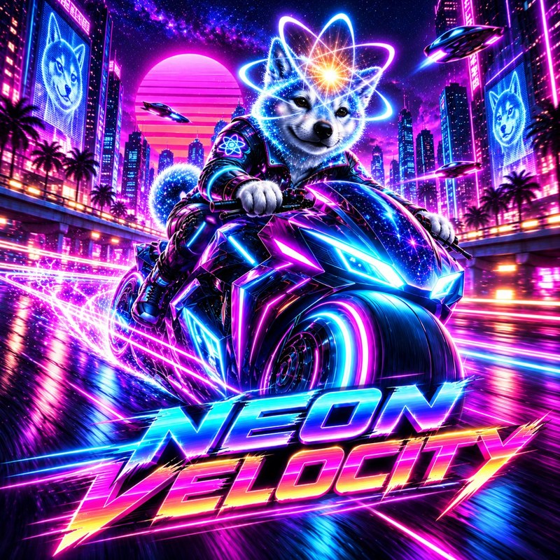 Neon Velocity artwork — the starlight Quantum Inu in a black rider jacket on a glowing neon motorcycle racing through a synthwave city at night beneath the words Neon Velocity