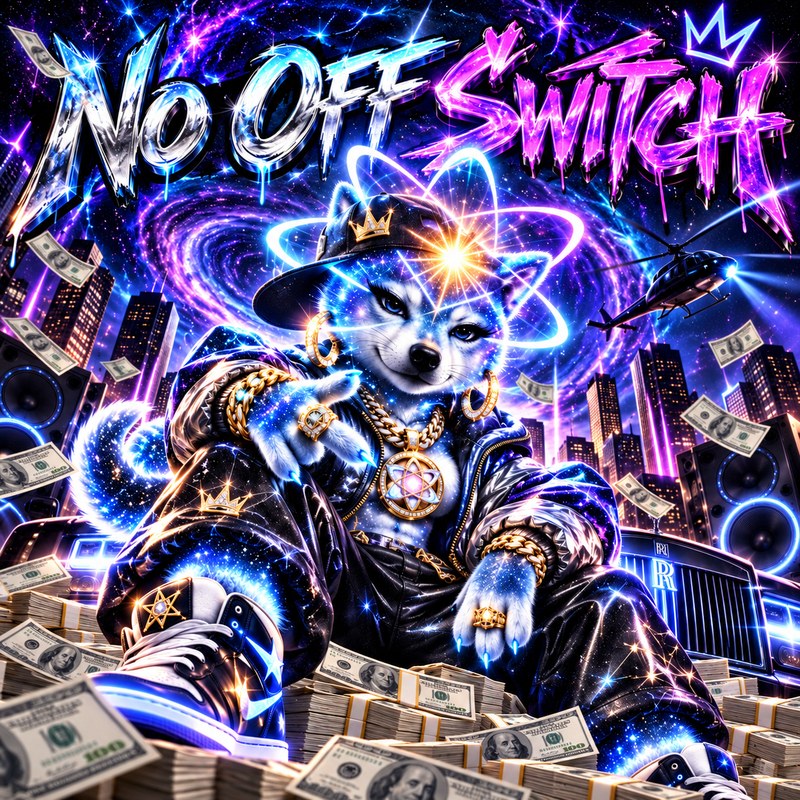 No Off Switch artwork — the starlight Quantum Inu in a black cap with a gold crown and heavy gold chains with an atom pendant, sitting on stacks of cash in a neon night city beneath the words No Off Switch