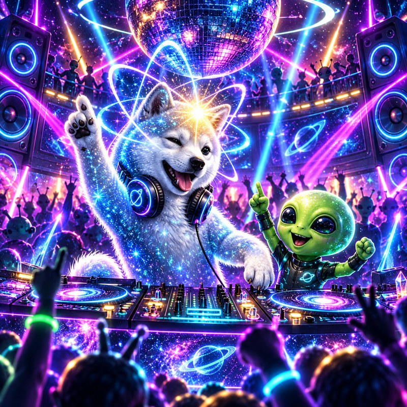 One Consciousness artwork — the starlight Quantum Inu DJing at a cosmic disco beneath a giant mirror ball, a little green alien dancing beside him, towering speakers and a cheering alien crowd all around