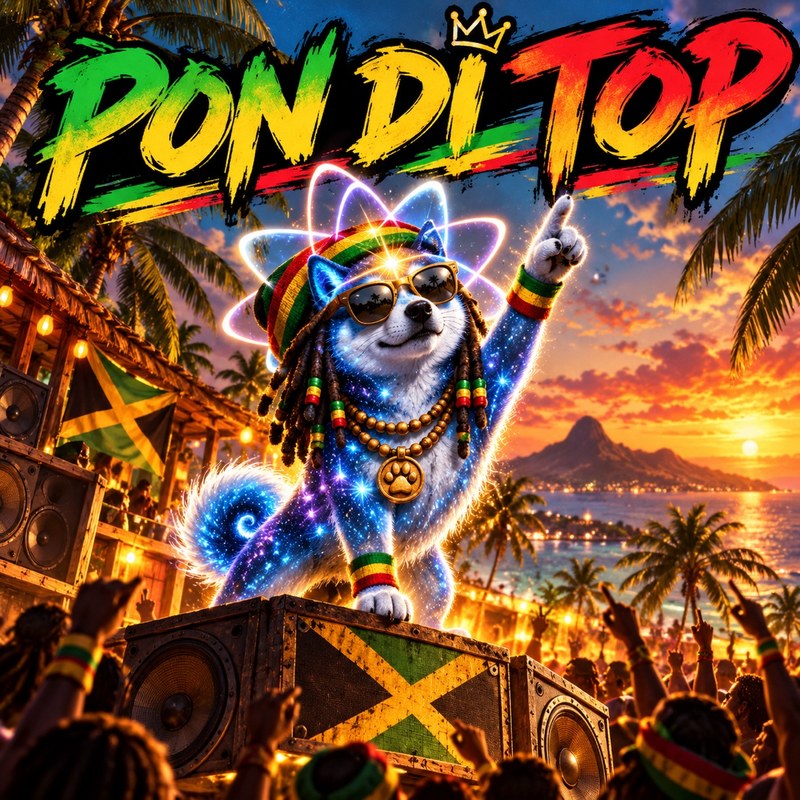 Pon Di Top artwork — the starlight Quantum Inu in rasta colors and sunglasses with dreadlocks, standing on a speaker stack at a beach party at sunset beneath the words PON DI TOP