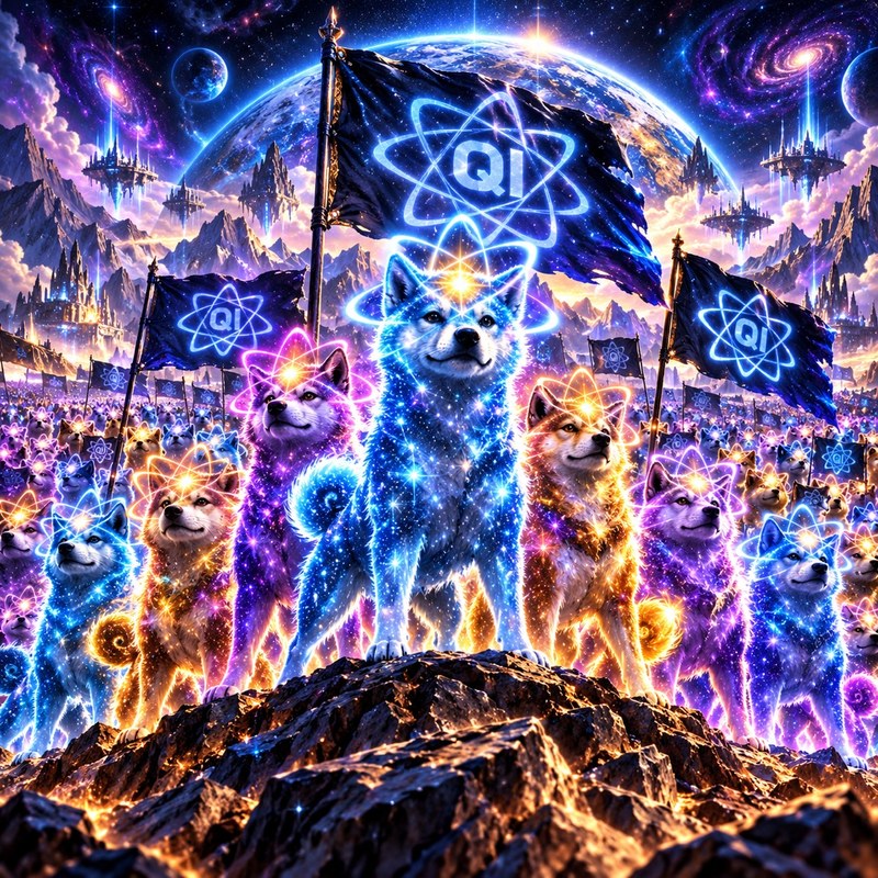 QI Family artwork — the Quantum Inu pack standing together under QI flags beneath a cosmic planet