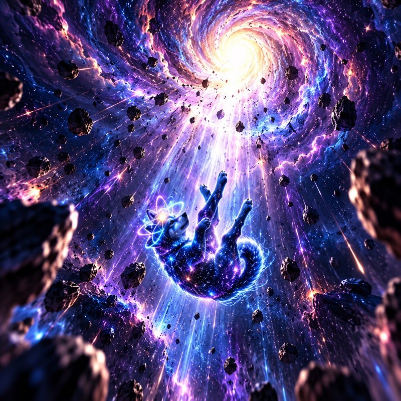 Quantum Awakening artwork — Quantum Inu falling through a cosmic vortex toward the light