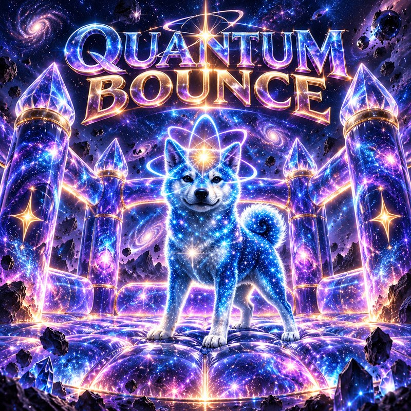 Quantum Bounce artwork — the starlight Quantum Inu standing on a glowing cosmic bounce castle of crystal spires and galaxies beneath the words QUANTUM BOUNCE
