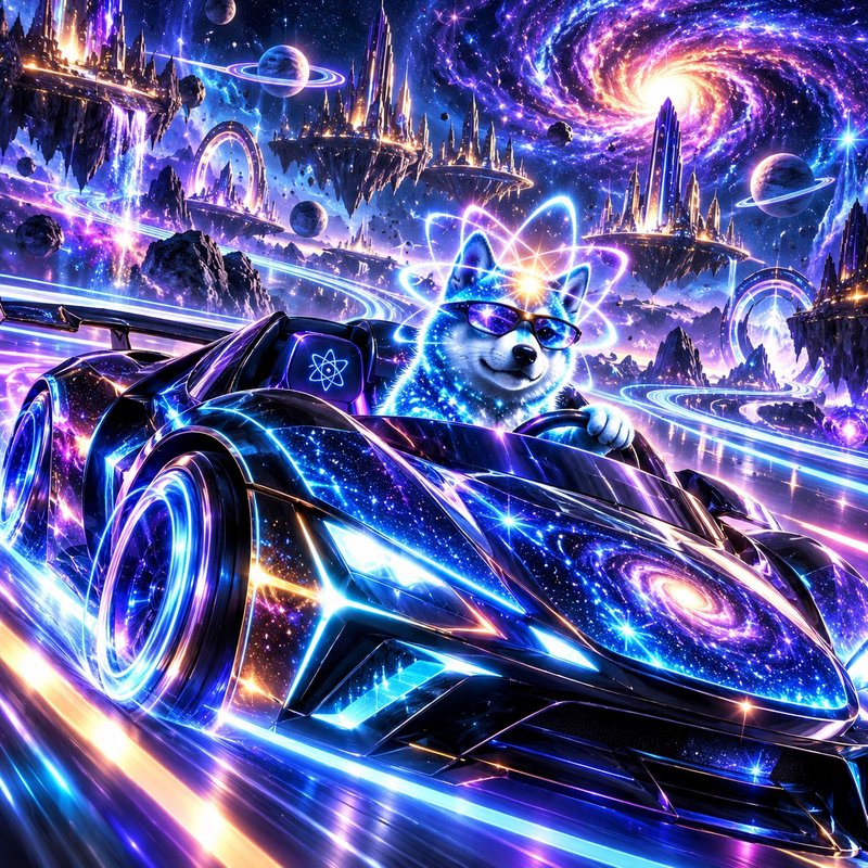 Quantum Chase artwork — Quantum Inu driving a cosmic supercar through a galaxy world