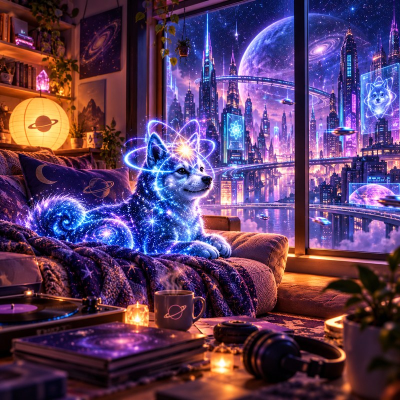 Quantum-Fi artwork — Quantum Inu lounging on a couch in a cosmic apartment, vinyl and headphones nearby, a futuristic city beyond the window