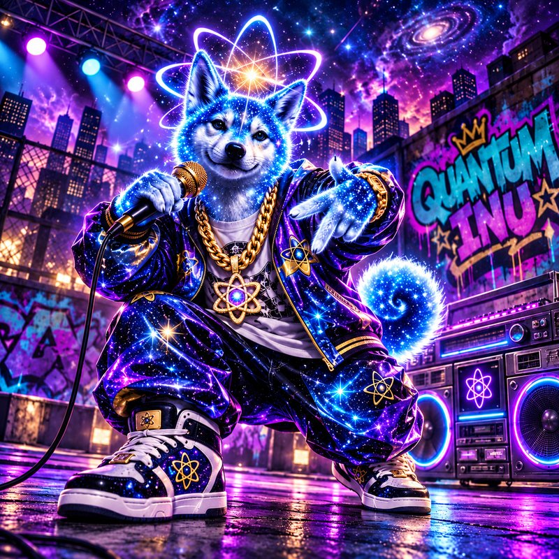 Quantum HODL artwork — Quantum Inu rapping in the street with a microphone