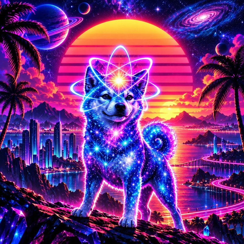 Quantum Rising artwork — Quantum Inu before a synthwave sunset over a cosmic coastal city