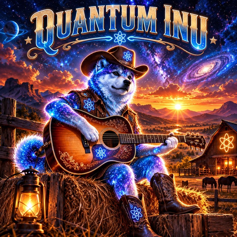 Quantum Train artwork — Quantum Inu in a cowboy hat playing an acoustic guitar at sunset