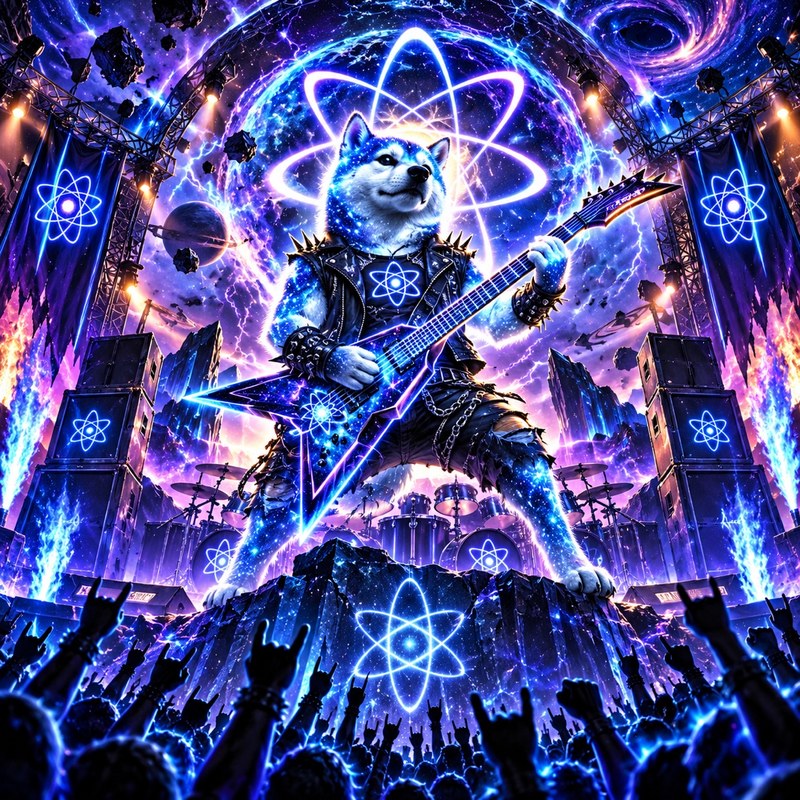Quantum Warriors artwork — Quantum Inu shredding a cosmic guitar on a metal stage