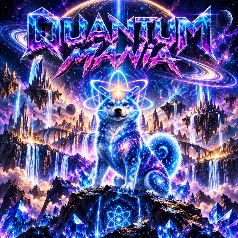 Quantum Mania artwork — Quantum Inu before floating crystal islands and waterfalls in a cosmic sky