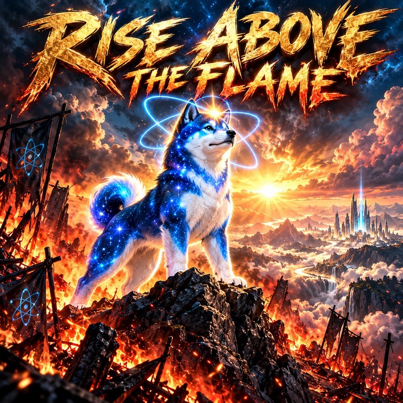 Rise Above The Flame artwork — the starlight Quantum Inu standing tall on a rocky peak above a burning battlefield at sunrise, tattered atom banners in the flames and a shining futuristic city in the distance