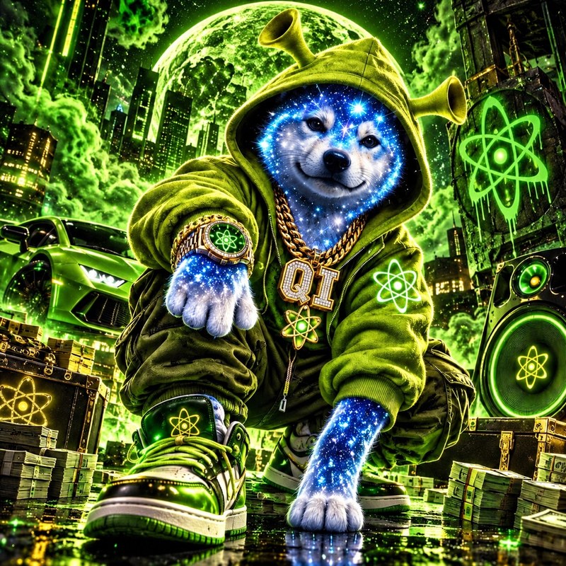 Show Me Dat Shrek artwork — the starlight Quantum Inu in a green ogre-ear hoodie with a gold QI chain, stacks of cash and a green sports car in a neon swamp city
