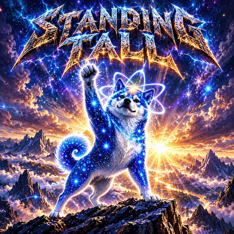 Standing Tall artwork — the starlight Quantum Inu standing tall on a mountain peak at sunrise, one paw raised, the glowing atom halo over its head beneath the words STANDING TALL