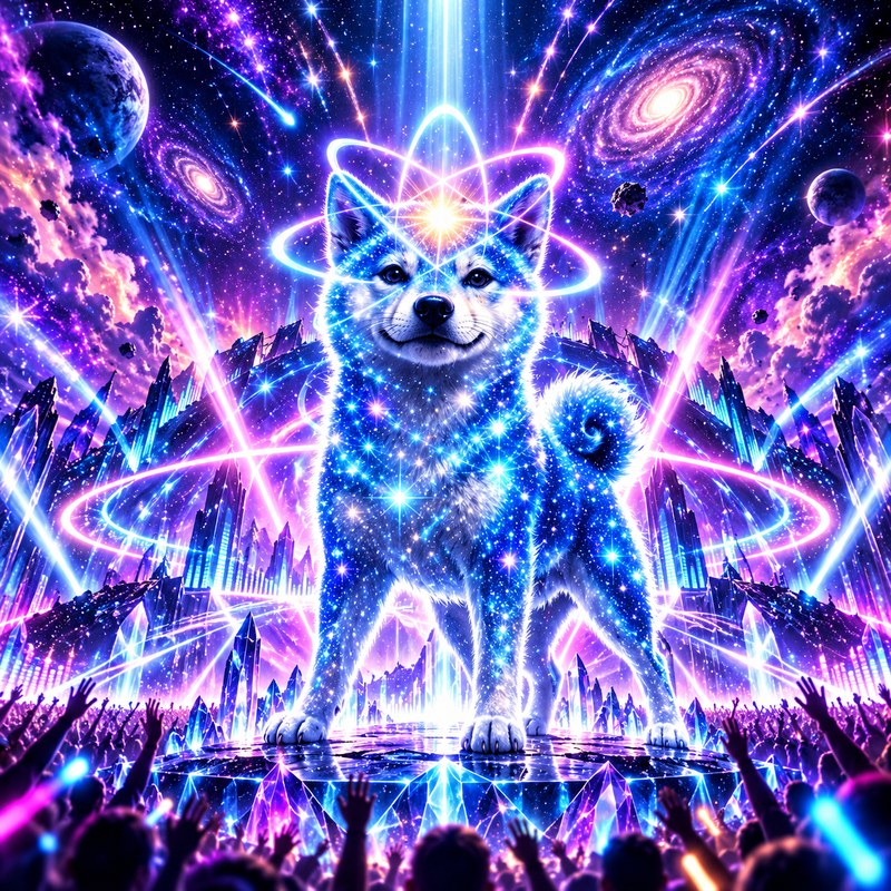 Take Us Higher artwork — Quantum Inu standing tall on a glowing crystal stage above a cheering crowd, galaxies and light beams swirling overhead