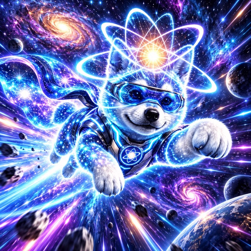 The Last Defender artwork — the starlight Quantum Inu as a caped superhero flying through a cosmic sky to defend the galaxy