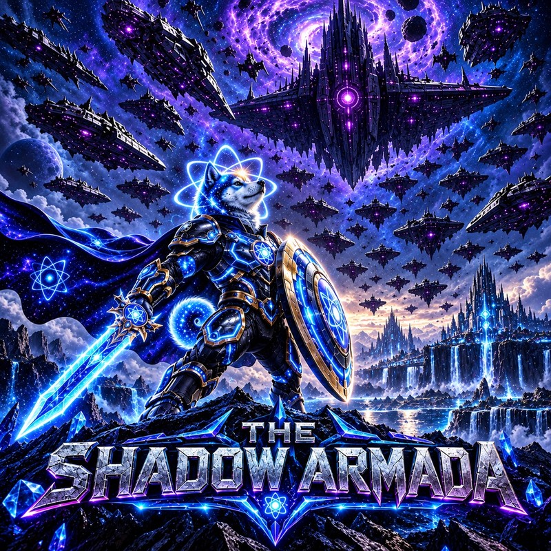 The Shadow Armada artwork — the starlight Quantum Inu pup in black-and-gold space armor holding a glowing blue sword and shield, standing on a rocky peak beneath a sky full of dark warships and a purple vortex, above the cracked stone words The Shadow Armada