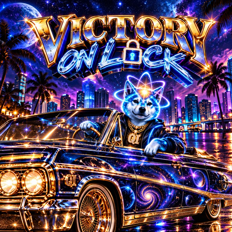 Victory On Lock artwork — the starlight Quantum Inu pup wearing a gold QI chain at the wheel of a galaxy-painted lowrider convertible under a neon city skyline, beneath the gold and ice-blue words Victory On Lock