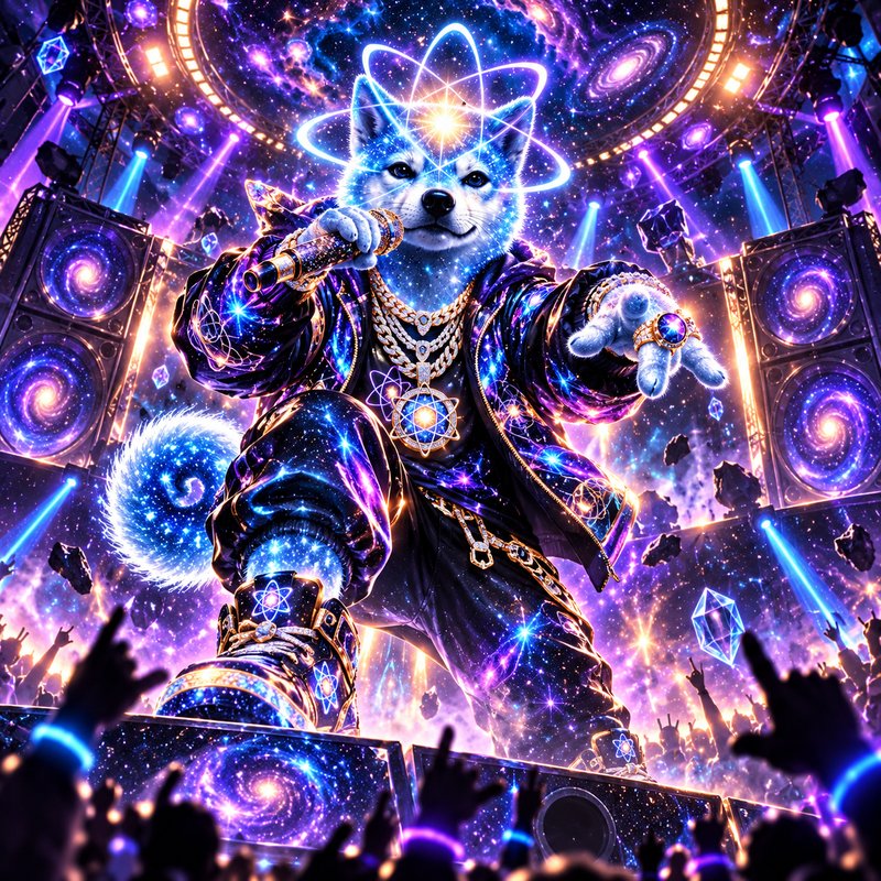 We Are One artwork — Quantum Inu performing live on a cosmic stage