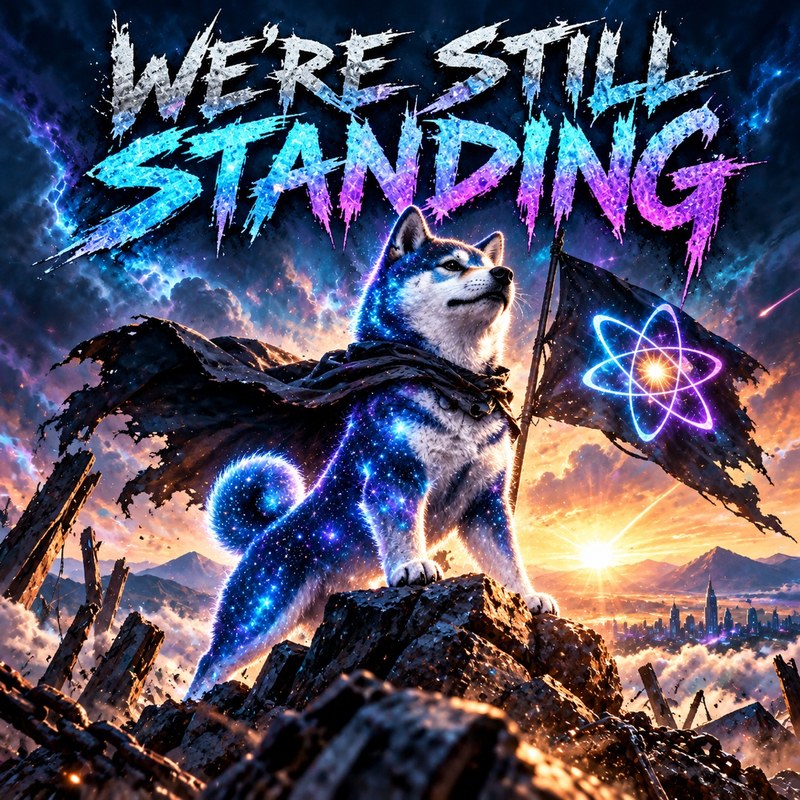 We're Still Standing artwork — the starlight Quantum Inu standing defiant on a rocky peak at sunrise beside a tattered black flag bearing the QI atom symbol
